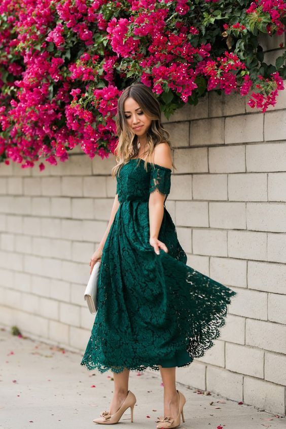 Green Lace Strapless Party Dress A Line Tea Length Prom Dress S2699
