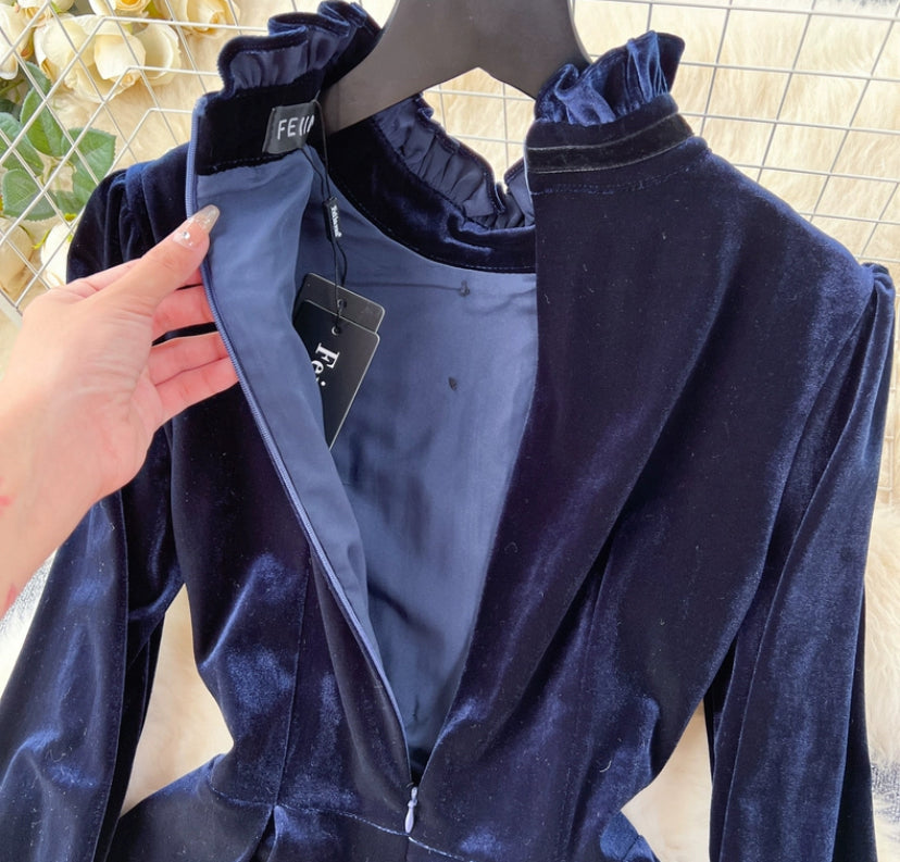 Velvet Dresses, Vintage Dresses,lace Patchwork Long-sleeve Dresses S4475