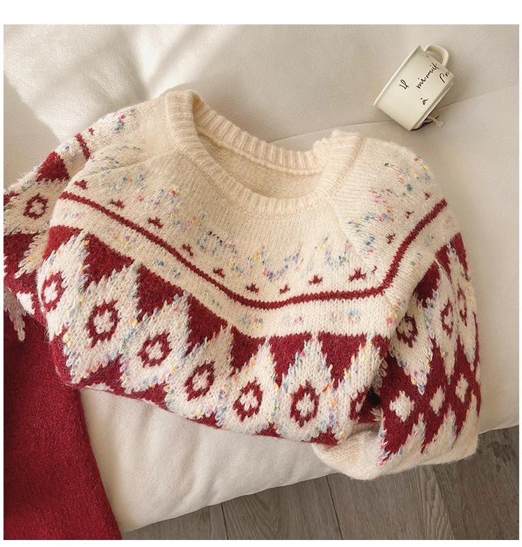 Christmas Jacquard Sweater Women's Round Neck Knitted Top S4847