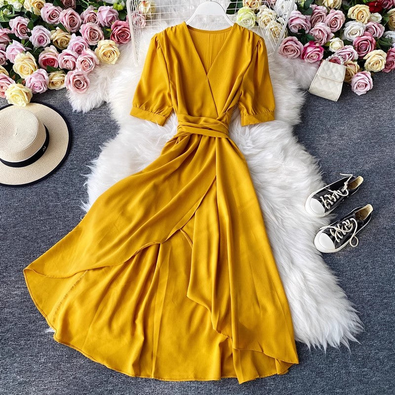 knee-length skirt V-neck dress S4202