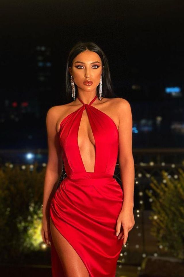 Sexy Mermaid Halter Red Satin Deep V Neck Prom Evening Dresses with High Split,Evening Party Dresses S3606