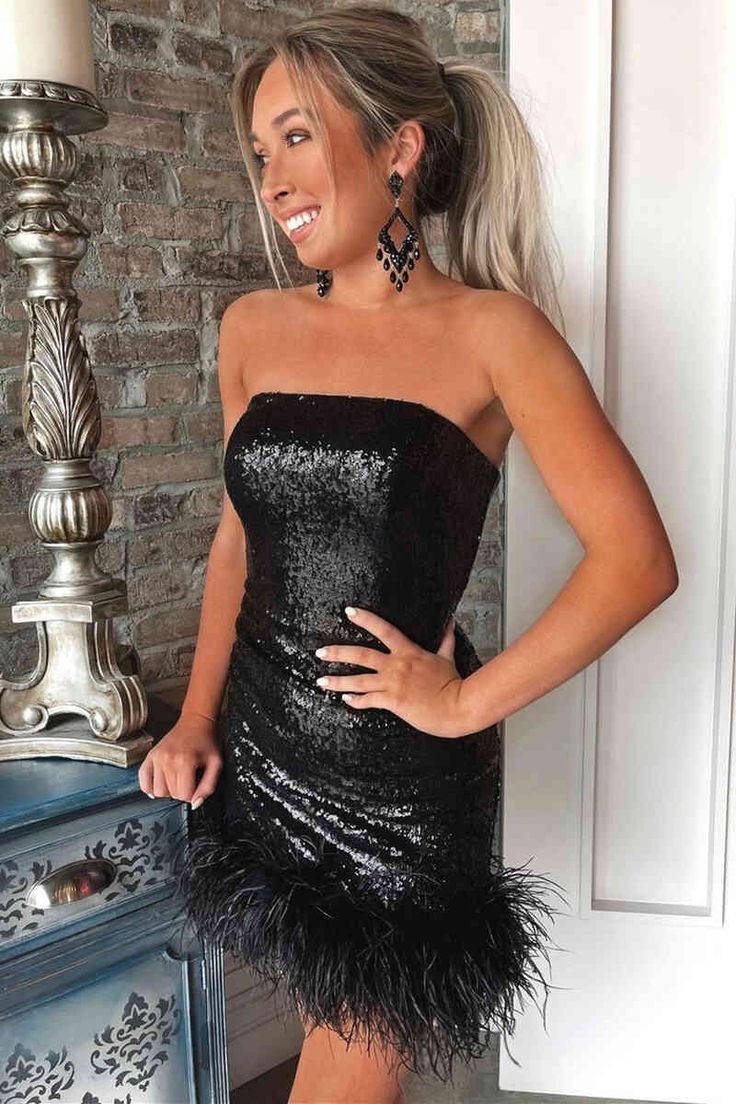 Strapless Black Sequins Tight Homecoming Dress with Feather Hem S2636