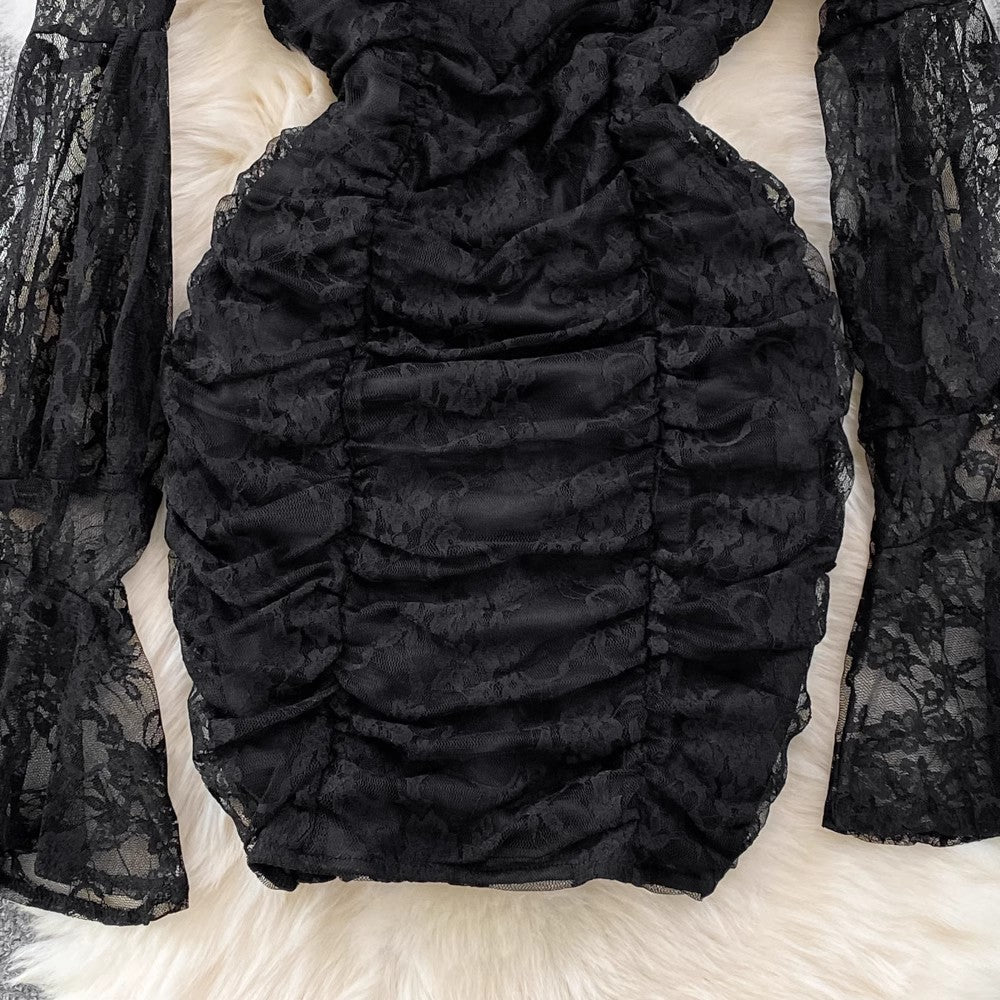 New Square Neck Flare Long Sleeve Lace Dress for Women S4270