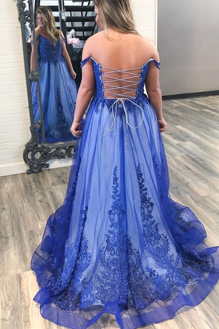 Blue Off the Shoulder Appliques Tulle Formal Dress S3829
