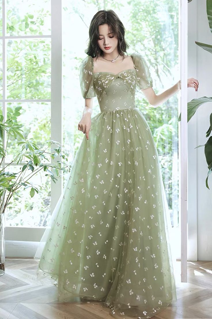 Lovely cherry pattern long prom dress green evening dress S3689