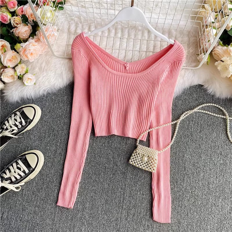 Sweater new v-neck long-sleeved t-shirt women's top S4180