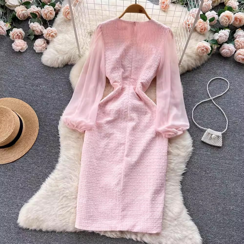 mid-length slit V-neck lantern sleeve dress S4537