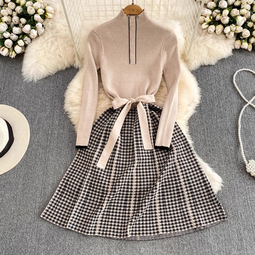 long-sleeved plaid A-line knitted dress S3974