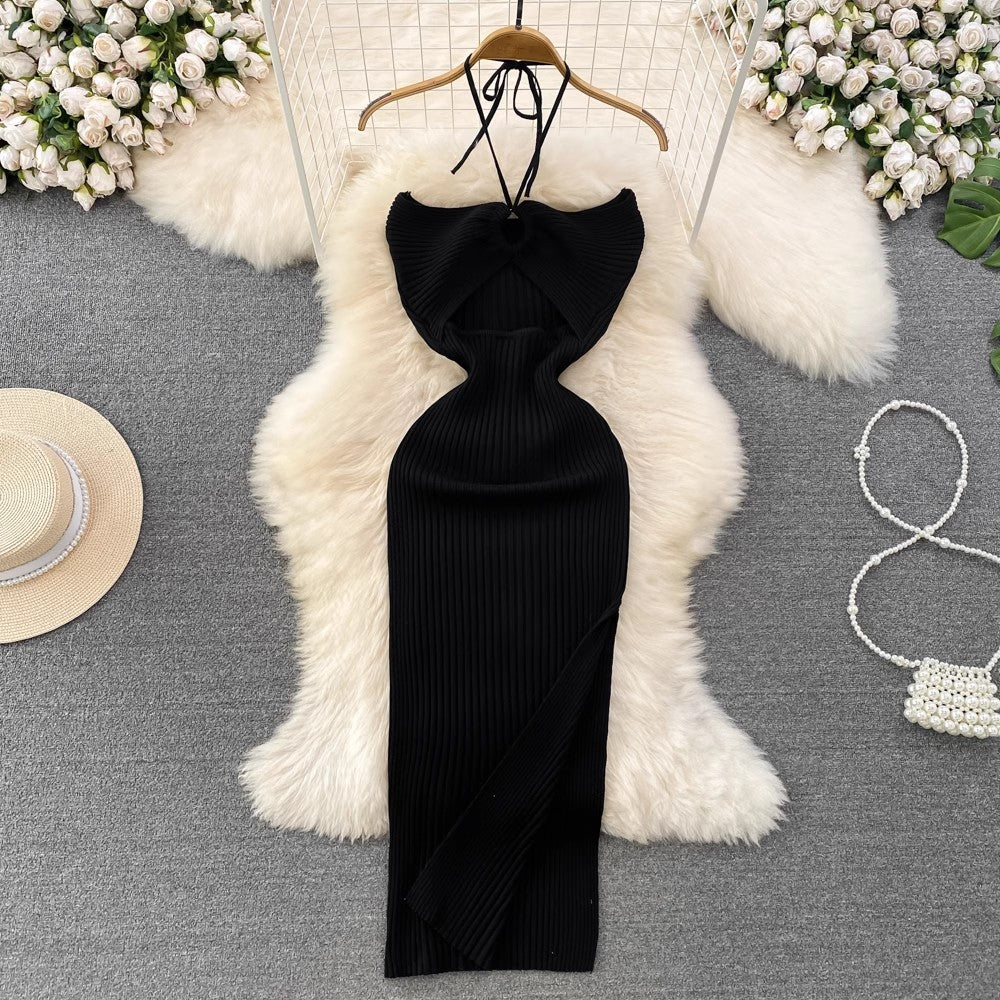 halter neck backless sleeveless mid-length slit knitted dress S4091