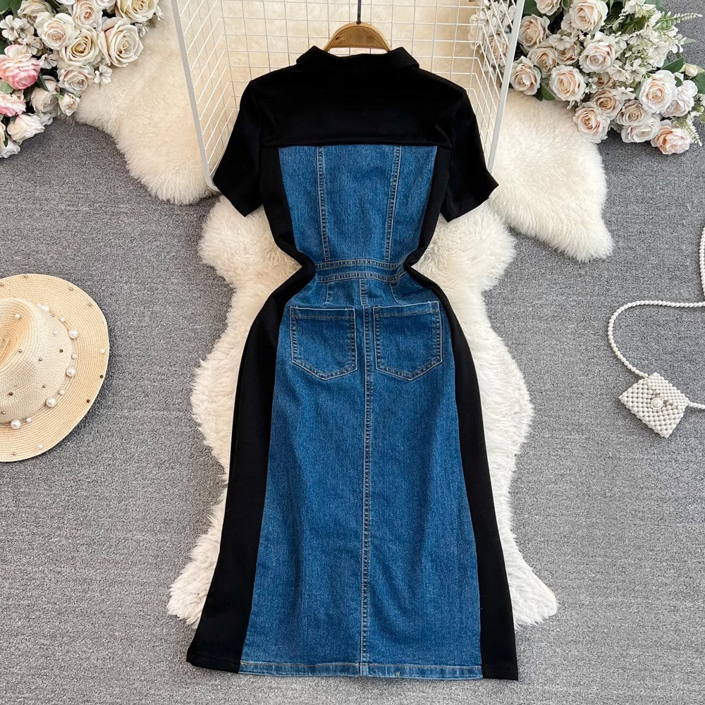 short-sleeved V-neck denim a-line dress S3961