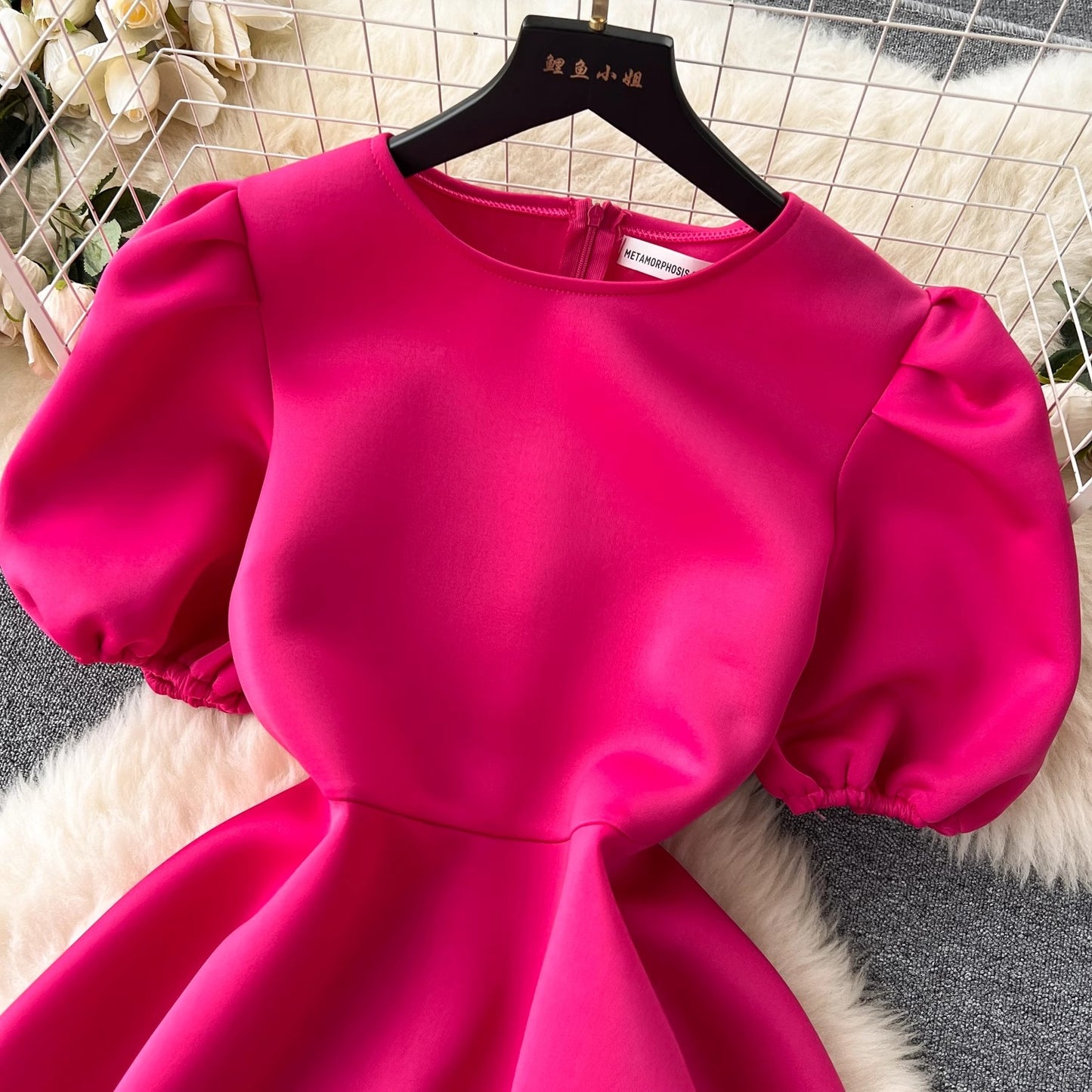 round neck puff sleeve dress for women summer puffy dress S4603