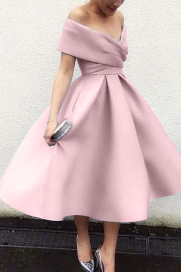 Off the Shoulder Satin Midi Cocktail Dress Tea Length Formal Dress S2924