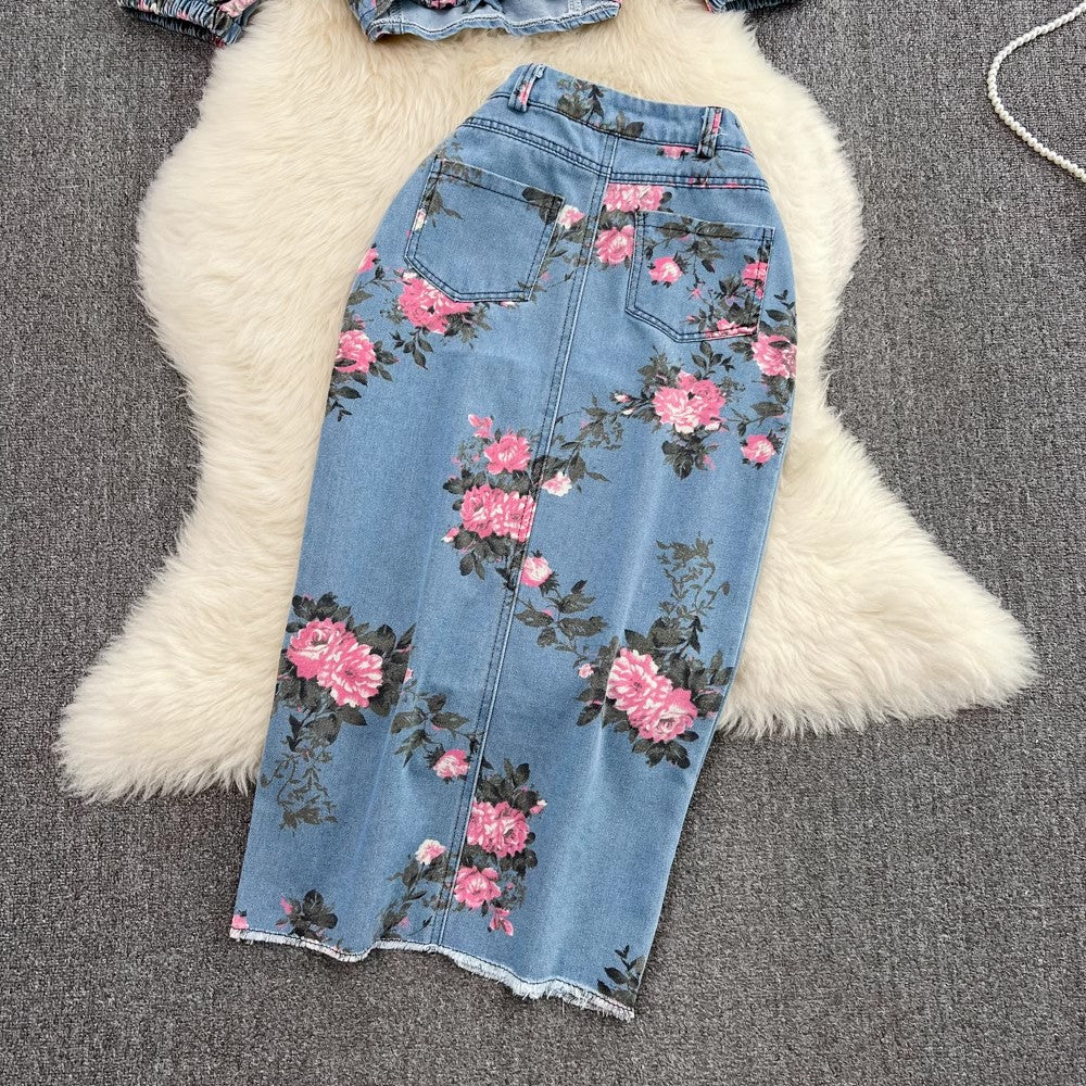Denim fashion suit for hot girls chic halter top two-piece set S4034
