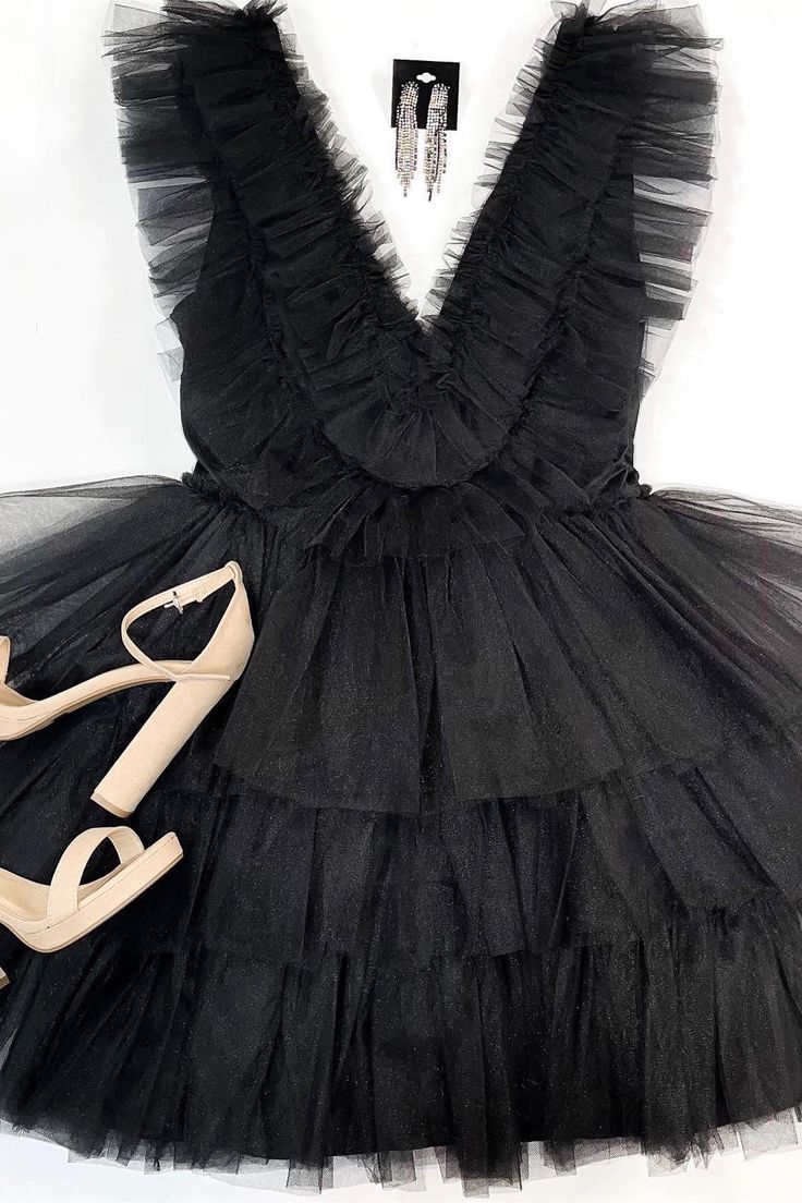 Black Ruffle-Layers Plunging V Neck Homecoming Dress S2870