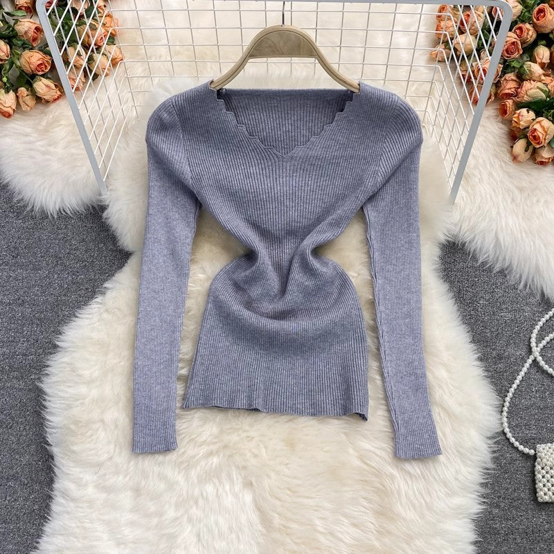 V-neck stretch knitted shirt for women sweater long-sleeved short top S3977