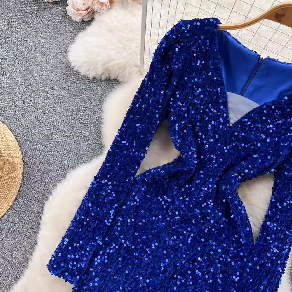 New sexy design sequined V-neck long-sleeved dress S4543