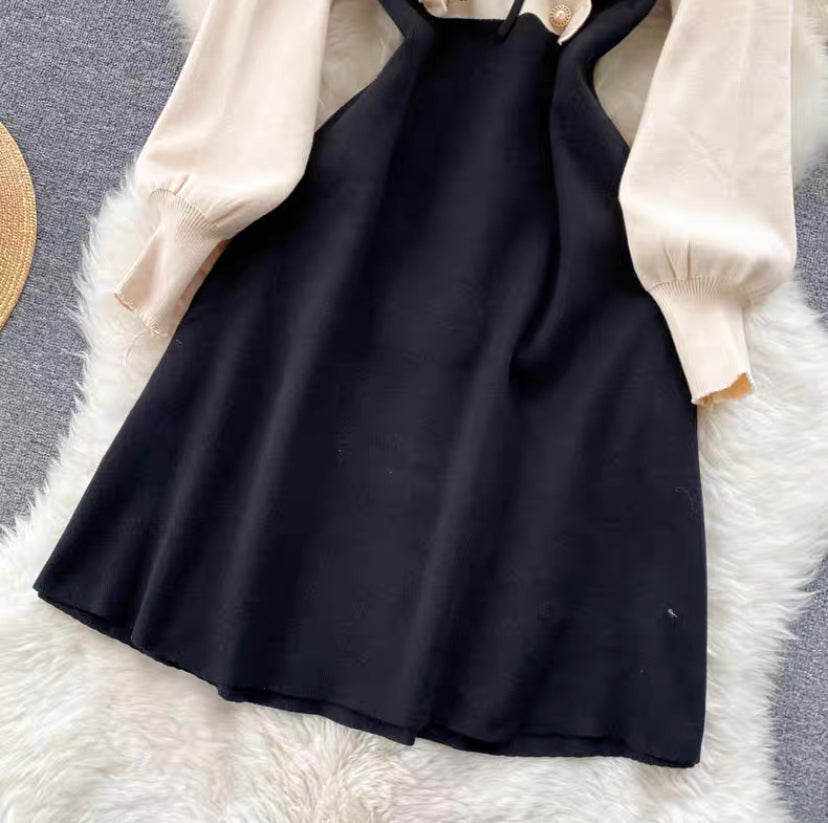 Long Sleeve Dresses, , Color Contrast, Temperament Ruffled Knit Dress S4480