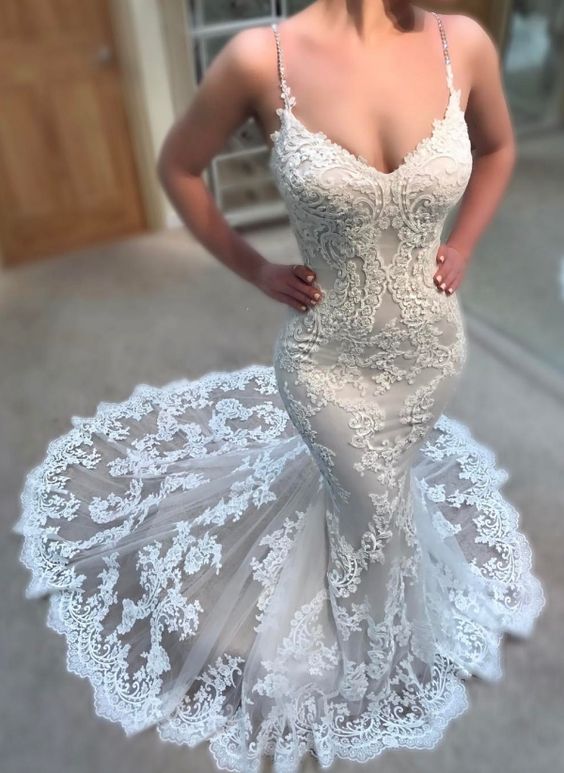 Sexy Lace Appliques Wedding Dresses Online | Spaghettis Straps Mermaid Bridal Gowns S3089