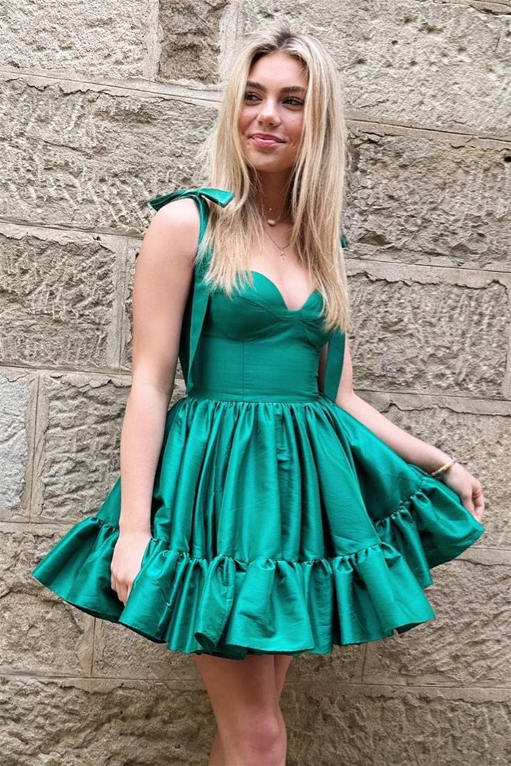 Hunter Green A-line Ruffle Bow Tie Shoulder Homecoming Dress S2628