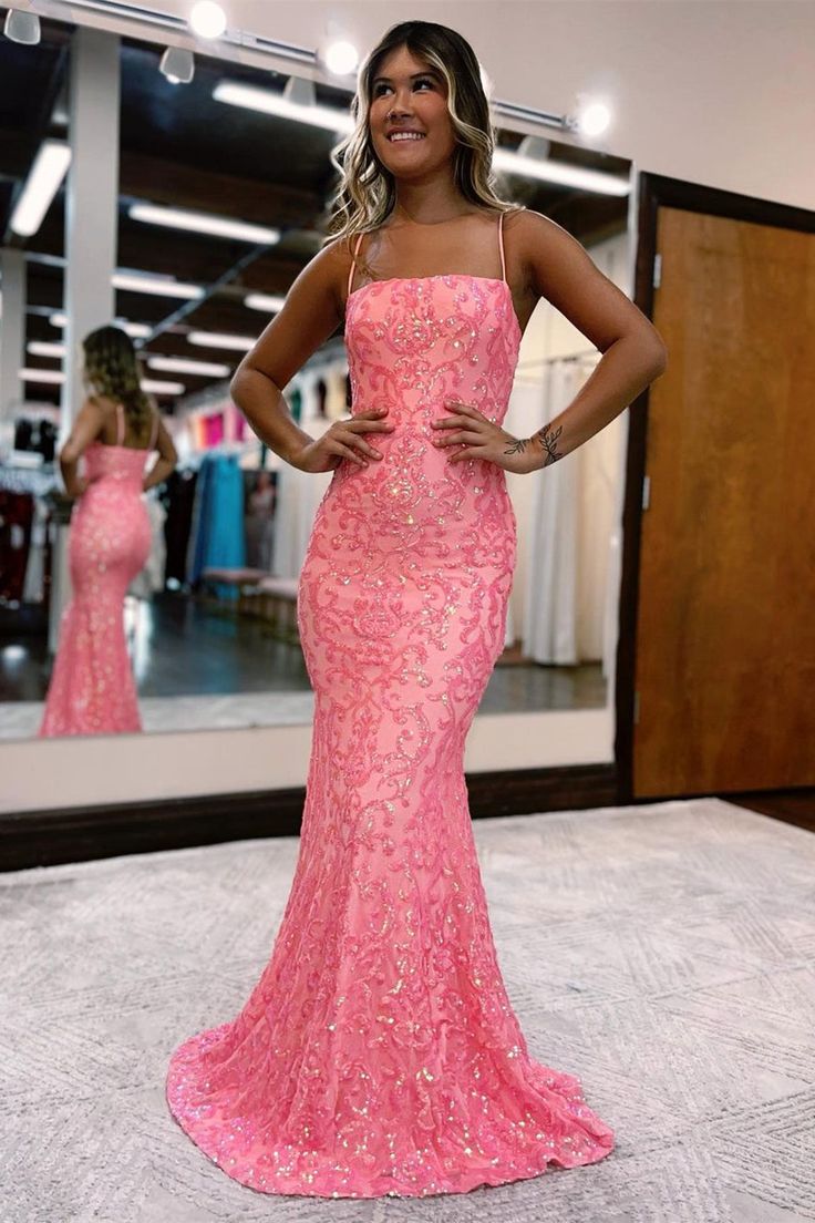 Amazing Pink Long Spaghetti Straps Mermaid Prom Dress With Lace S2639