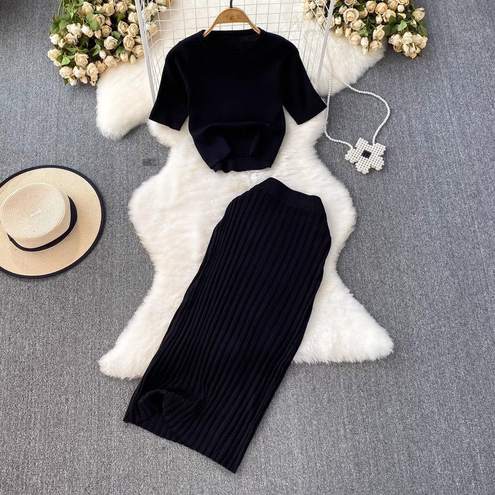Fashion suit for women short-sleeved round neck knitted sweater top two-piece set mid-length skirt S4184