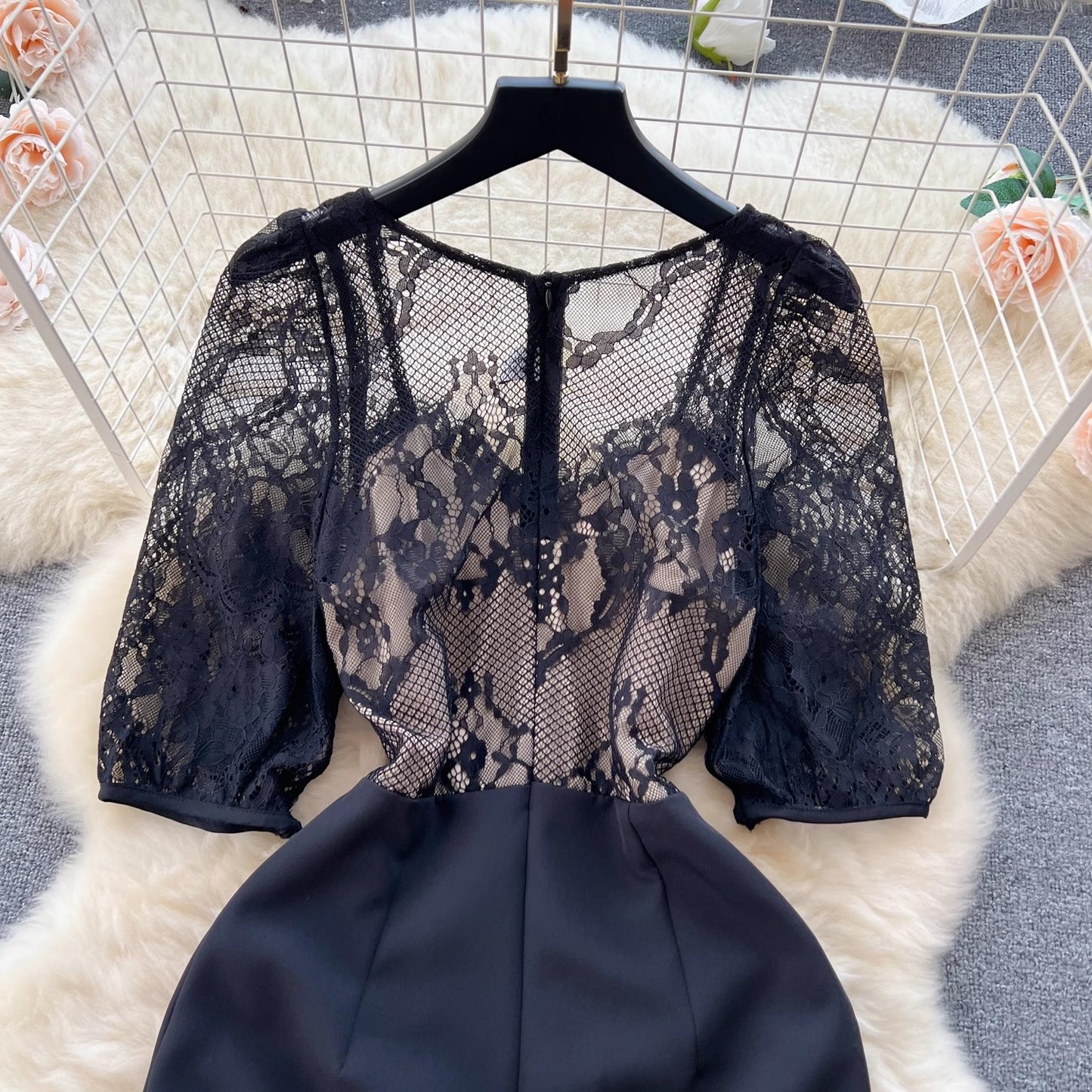 see-through lace black dress women's long skirt S4657