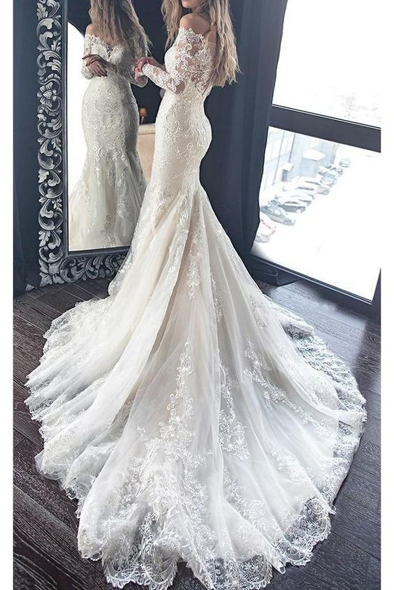 Mermaid Lace Long Sleeves Wedding Dresses Bridal Gowns S3569