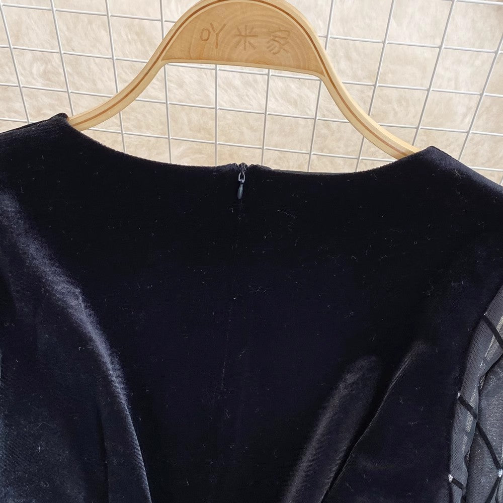 square neck mesh sleeves A-line velvet dress S4359