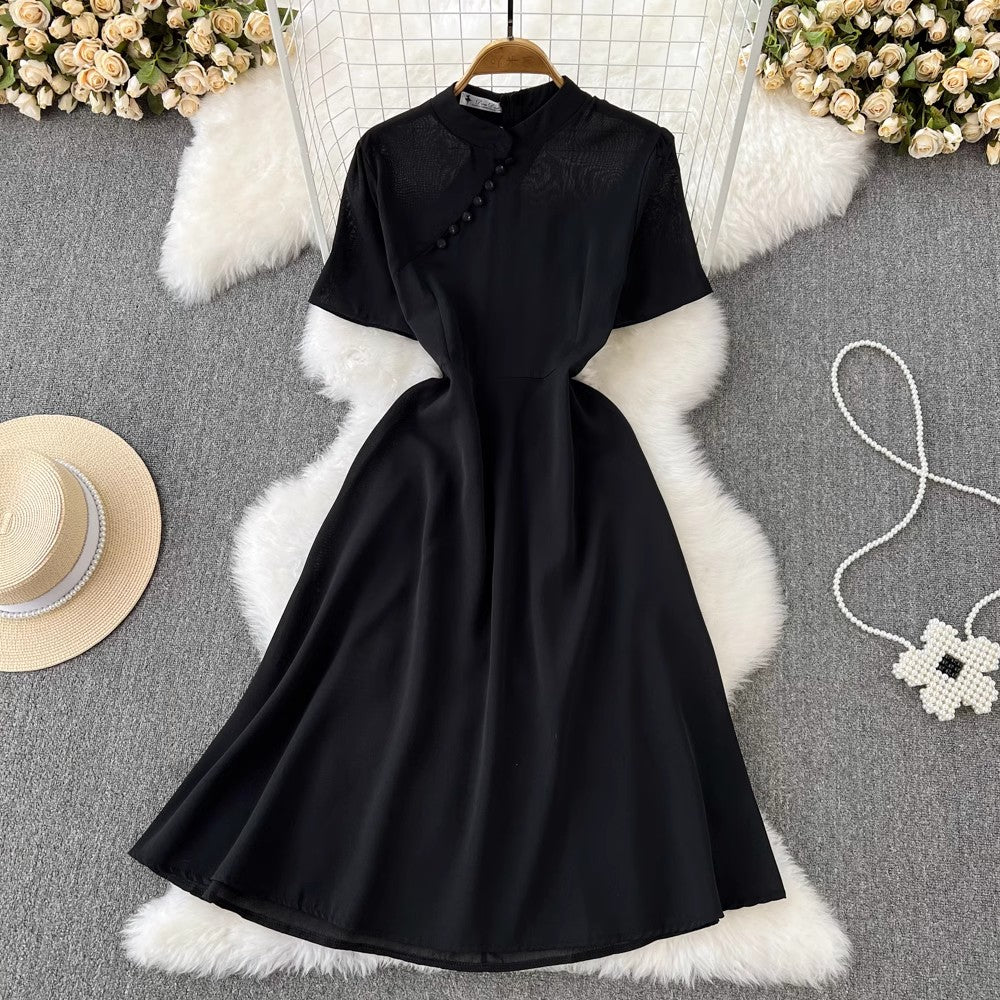 short-sleeved A-line dress elegant long skirt S4328