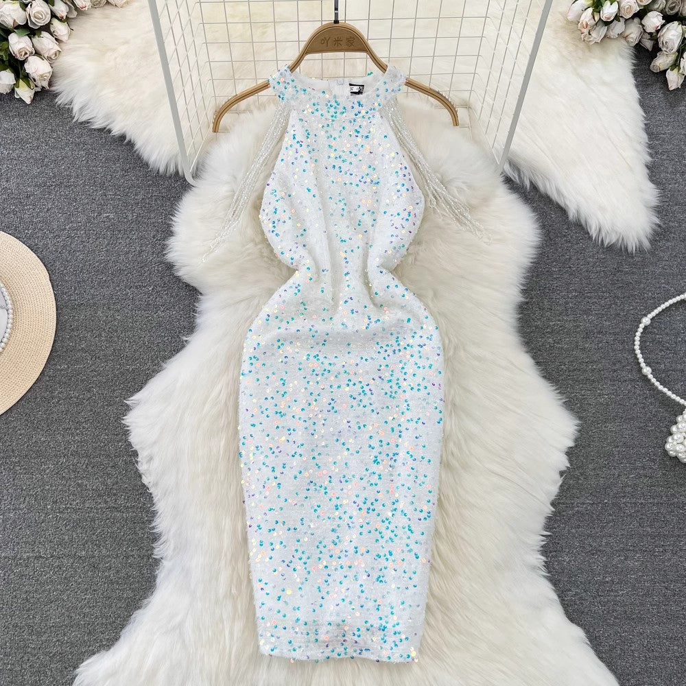 halter neck mid-length sparkling sequin dress for women S4316