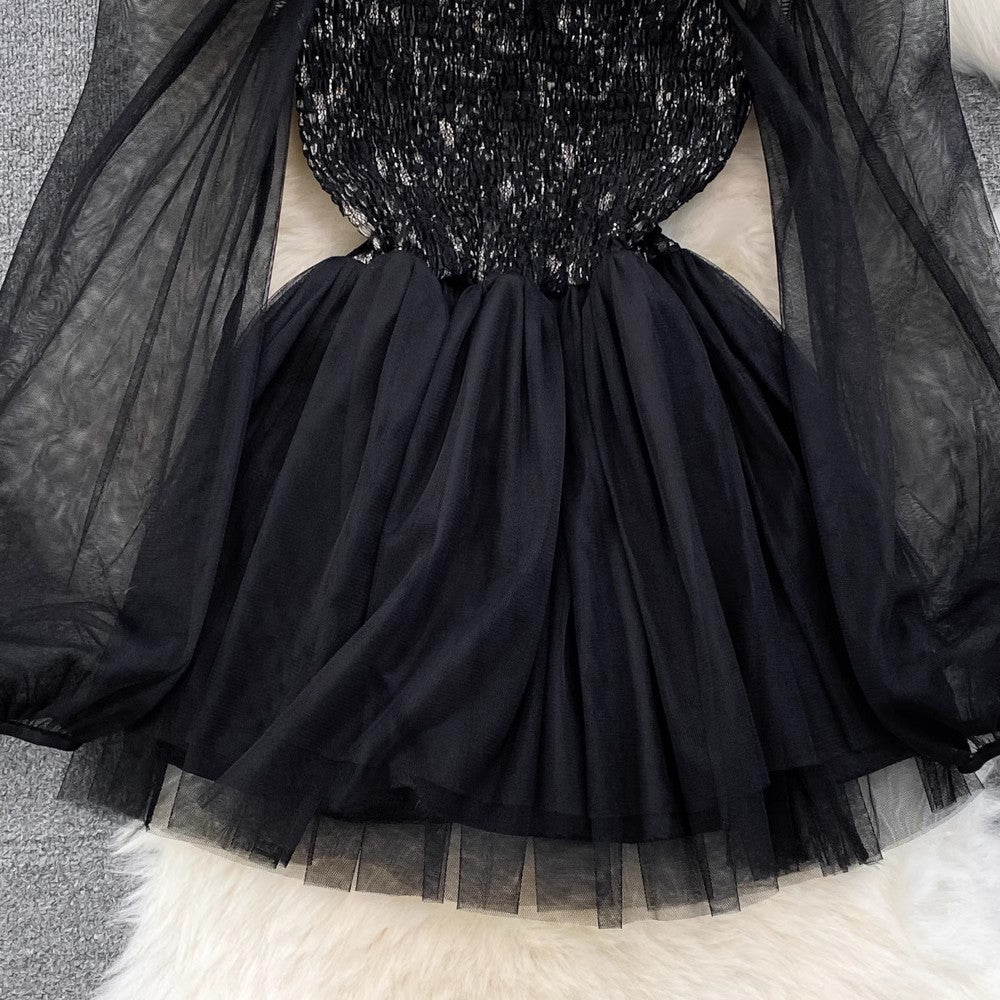 Sexy Square Neck Long Sleeve Puffy Lace Dress Dress for Women S4138