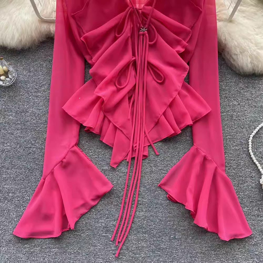 Designed irregular bell-sleeved chiffon shirt for women new style ruffled V-neck top trendy S4601