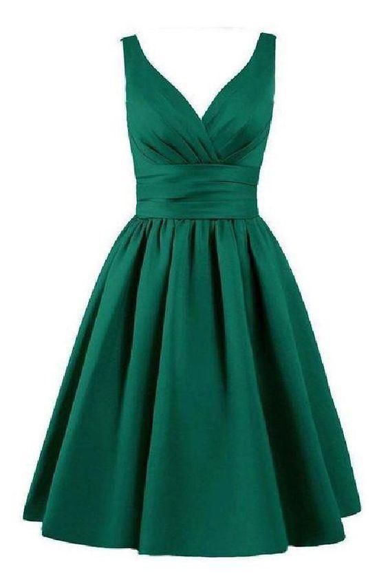 Sleeveless Pleated Hunter Ruched V Neck A Line Satin Elegant Homecoming Dresses S2983