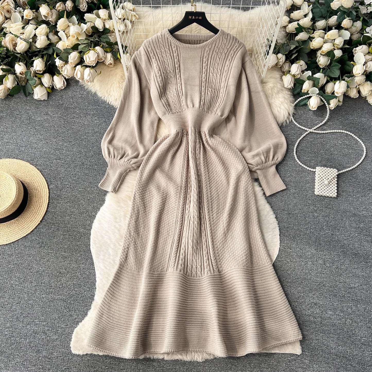 sweater round nec mid-length puff sleeve knitted dress S4507
