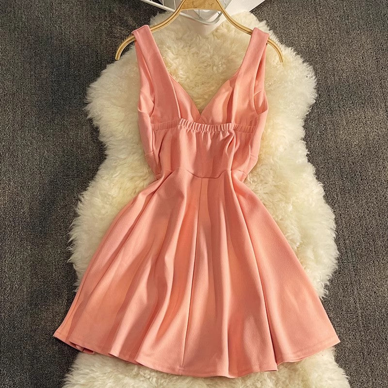 Sexy Backless A-Line Skirt V-neck Sleeveless Dress S3985