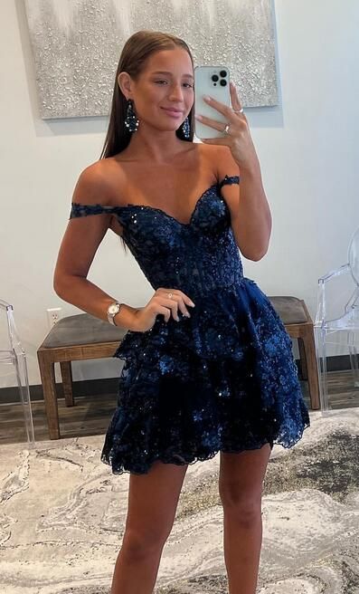 2023 Off the Shoulder Lace Homecoming Dress, Short Prom Dress S2629