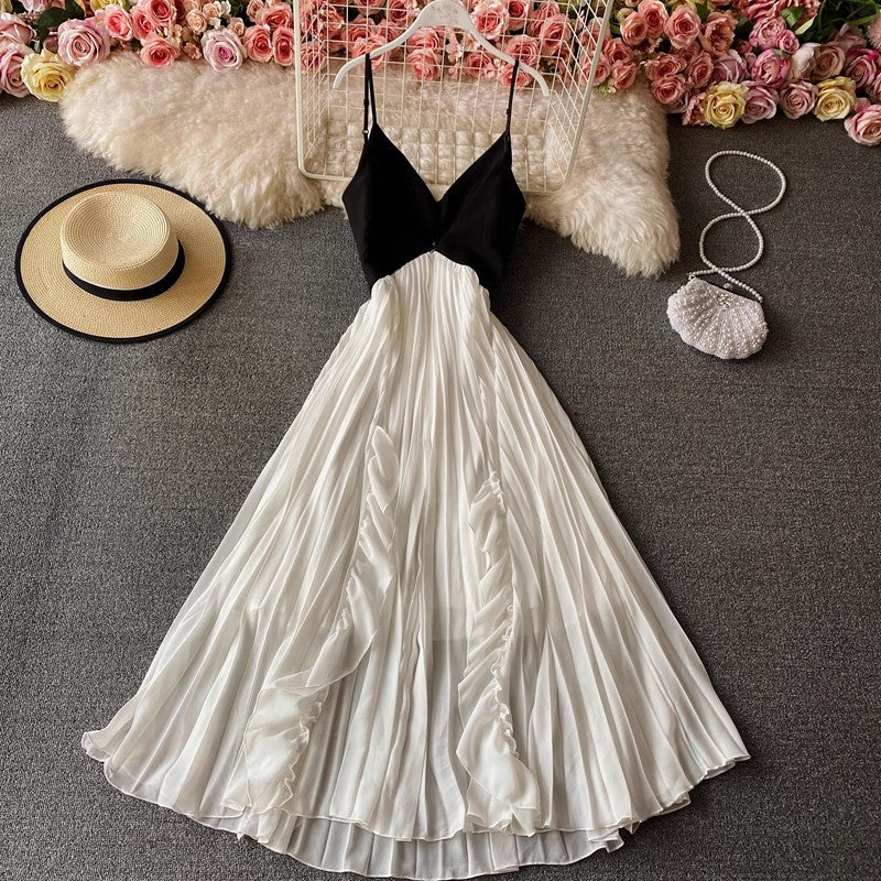 beach dress new style backless holiday pleated dress long skirt S3976