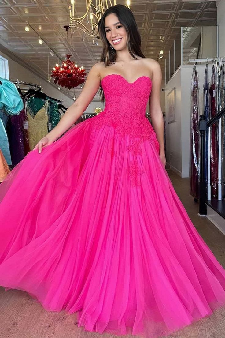 Hot Pink Tulle Sweetheart Appliques Prom Dress S3491
