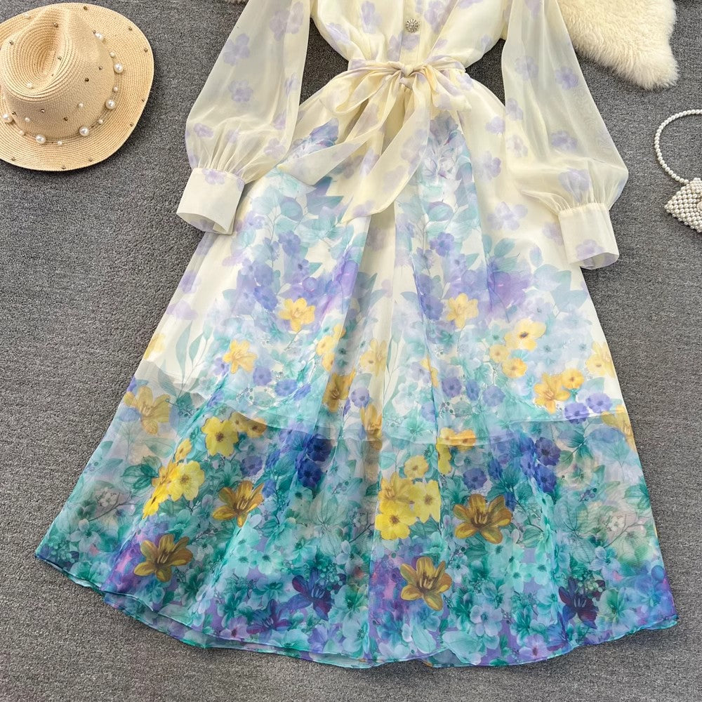 lantern long-sleeved A-line printed organza dress S4229