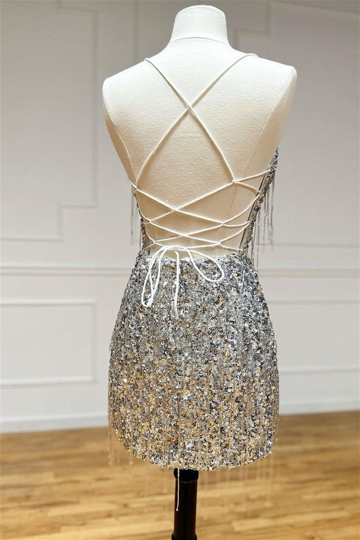 V Neck Lace-Up Sequins Tight Homecoming Dress with Tassels S3063
