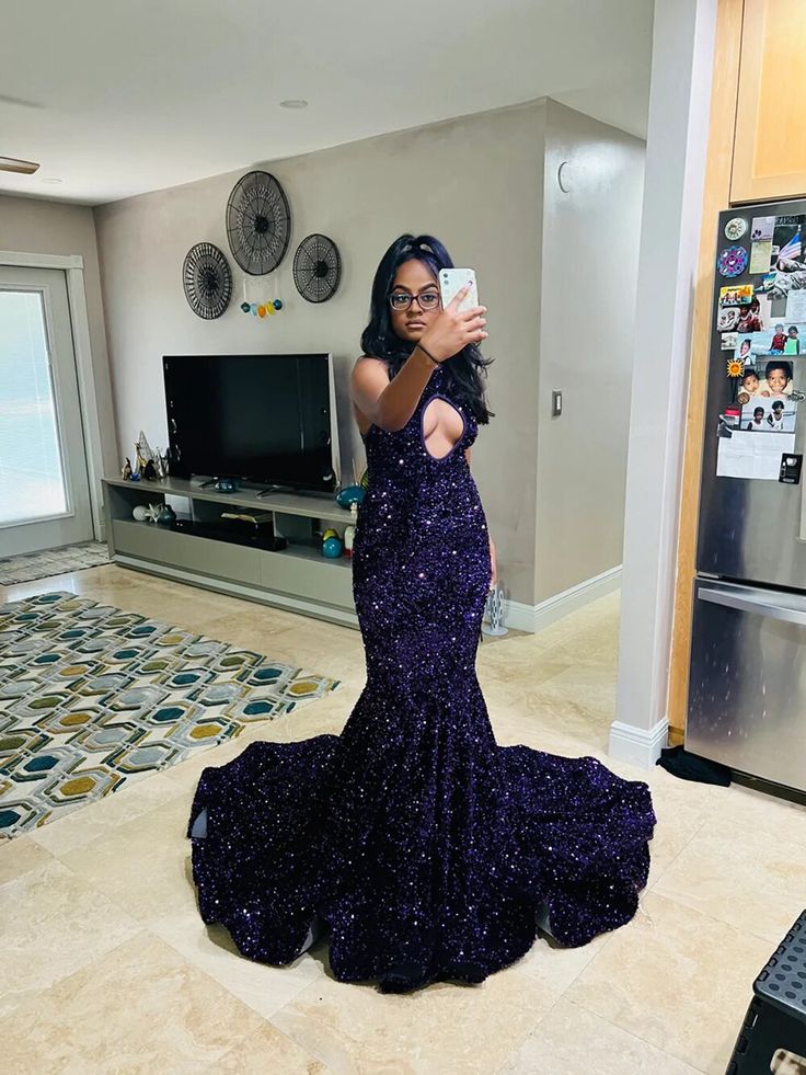 Sexy Mermaid Style Real Sample Cut Out Sparkly Purple Sequined Black Girls Elegant Long Prom Dresses S3869