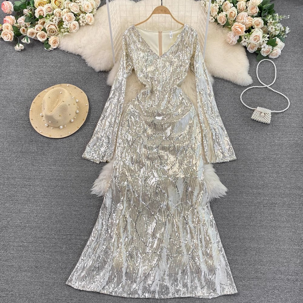 V-neck glittery A-line dress long skirt S4325