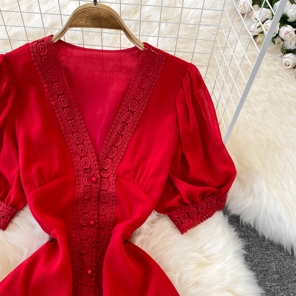 Long Skirt V-neck Lace Dress S4454