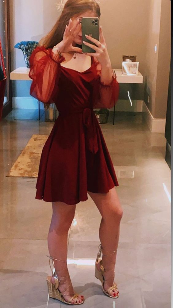 Cute Burgundy A Line Short Prom Dress, Evening Dress S3107