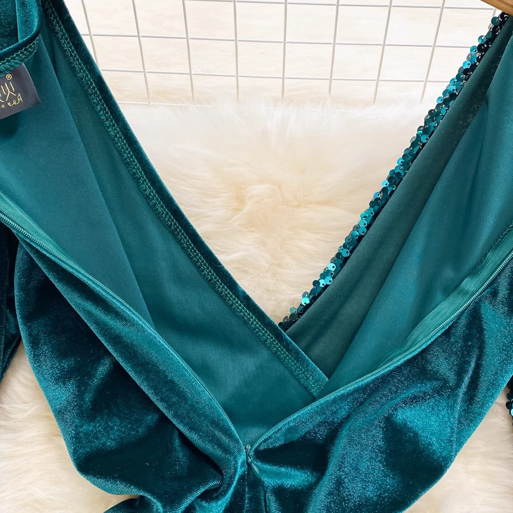 V-neck sparkling sequin velvet dress for women S4313