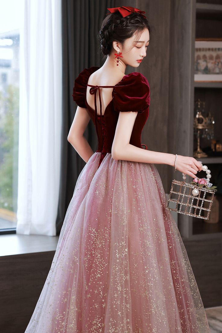 Burgundy Velvet Cap Sleeves Tulle Long Princess Dress S3008