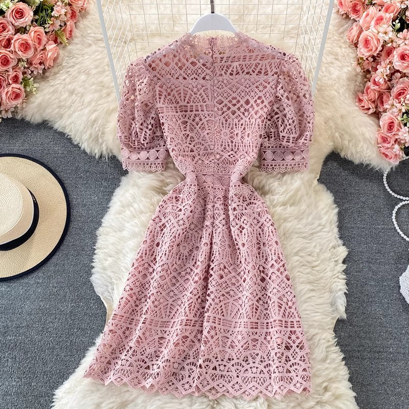 lace dress puff sleeve A-line skirt S4419