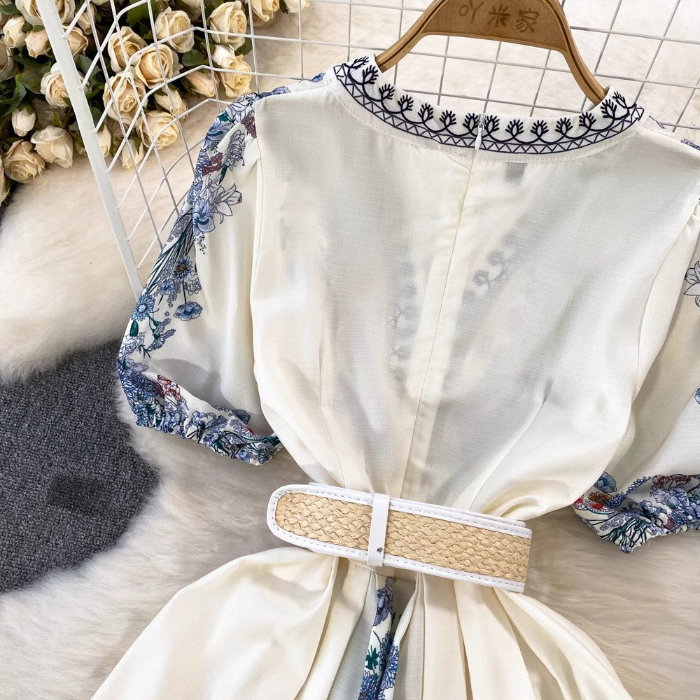 fashionable V-neck puff sleeve printed A-line skirt S4176