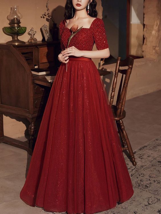 Burgundy tulle long prom dress, burgundy tulle formal dress S2685