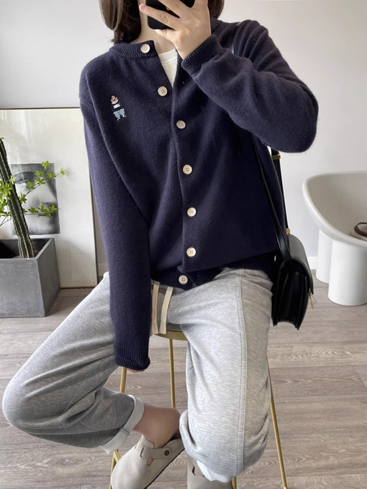 embroidered bear knitted cardigan for women spring and autumn new style round neck sweater jacket S3382